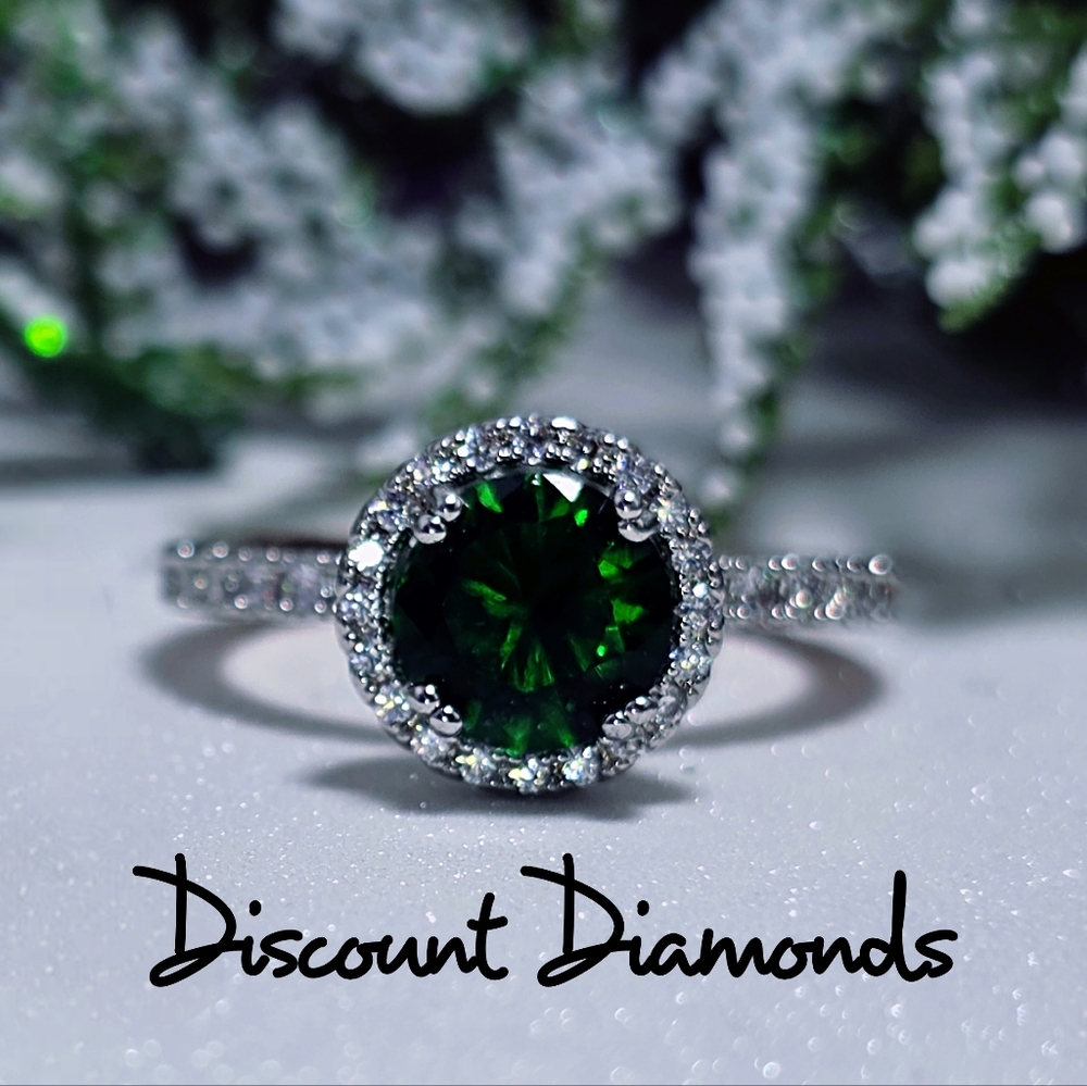 Round Cut Halo Emerald & White Baguette Diamond 14K Rose Gold on 925 Silver - Picture 5 of 9